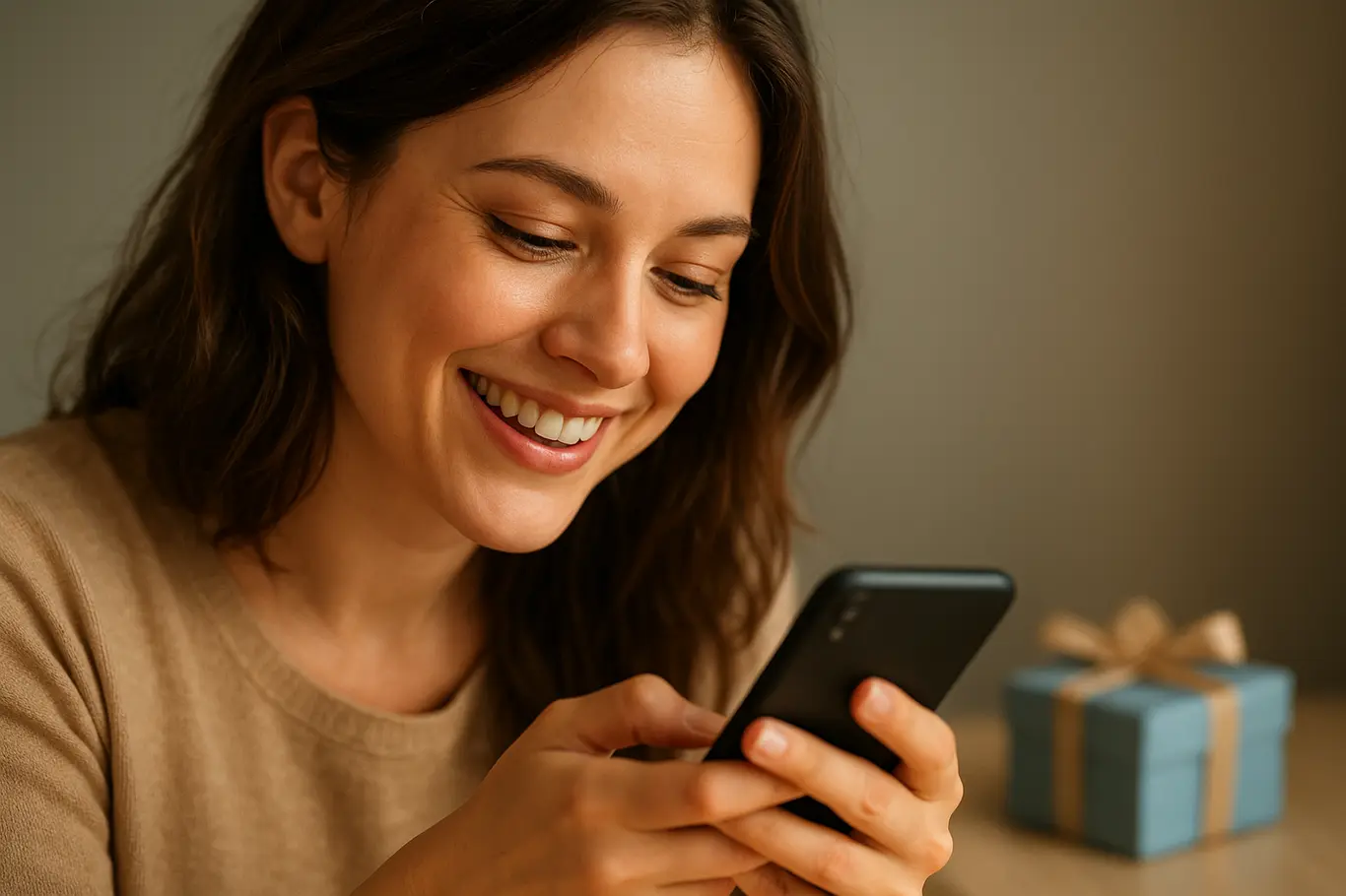 Close-up de mulher em 3/4 sorrindo ao ler uma mensagem no celular, caixa desfocada ao fundo.