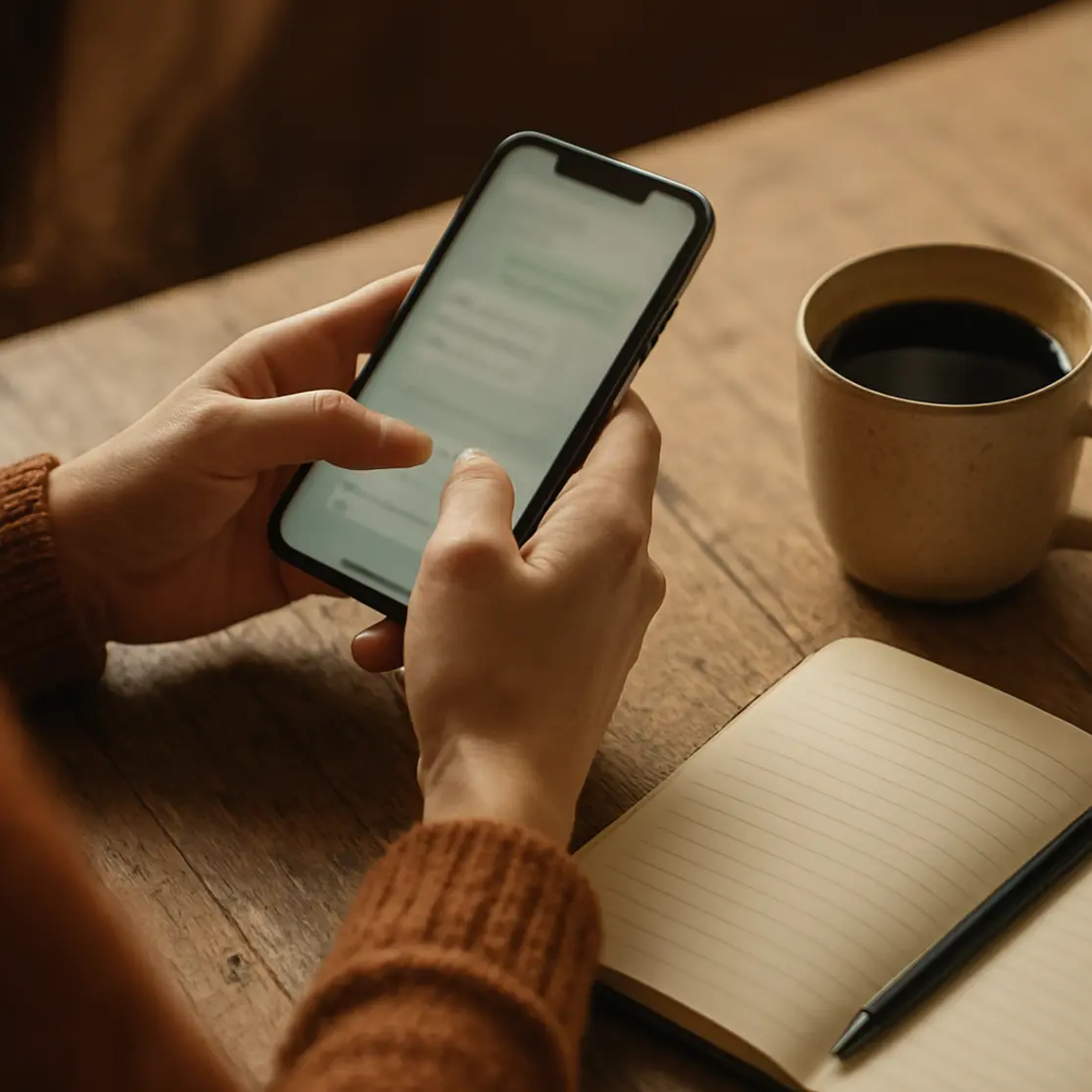 Detalhe das mãos de uma mulher segurando um celular sobre mesa com xícara de café e bloco de notas.