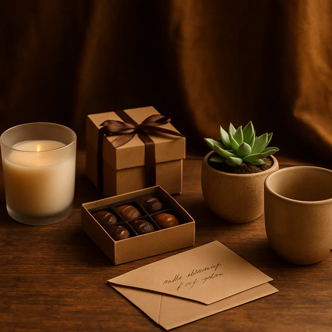 Mesa rústica com várias ideias de presente: vela, chocolates, planta e cartão manuscrito