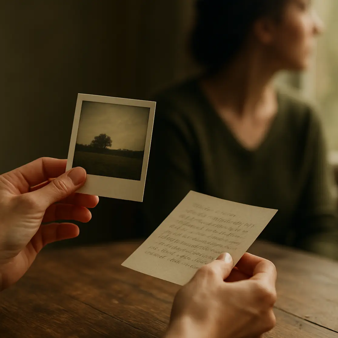 Close-up de mãos segurando uma polaroid e um bilhete, mulher desfocada ao fundo em 3/4