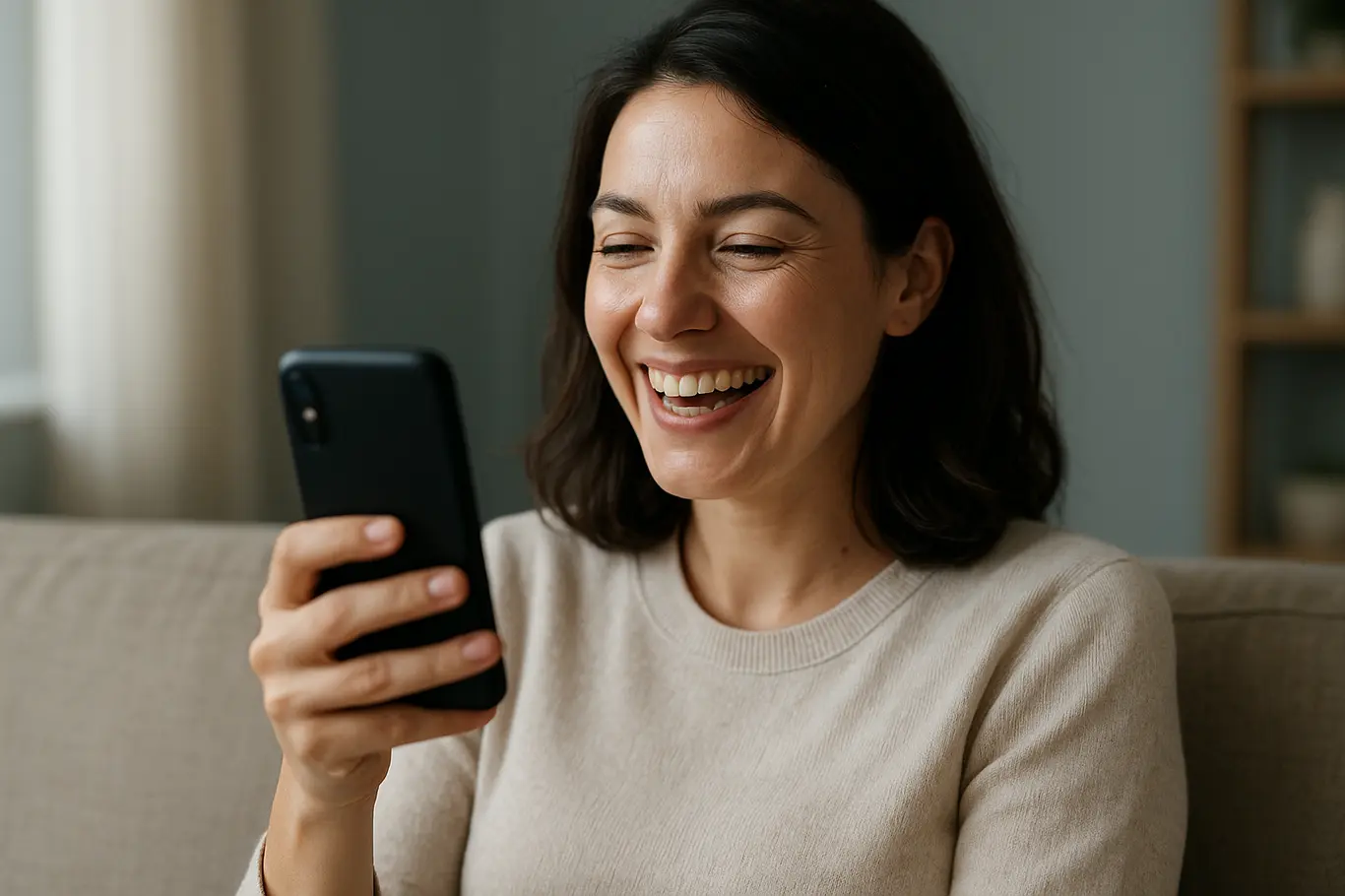 Mulher no sofá rindo ao falar ao telefone, expressão genuína