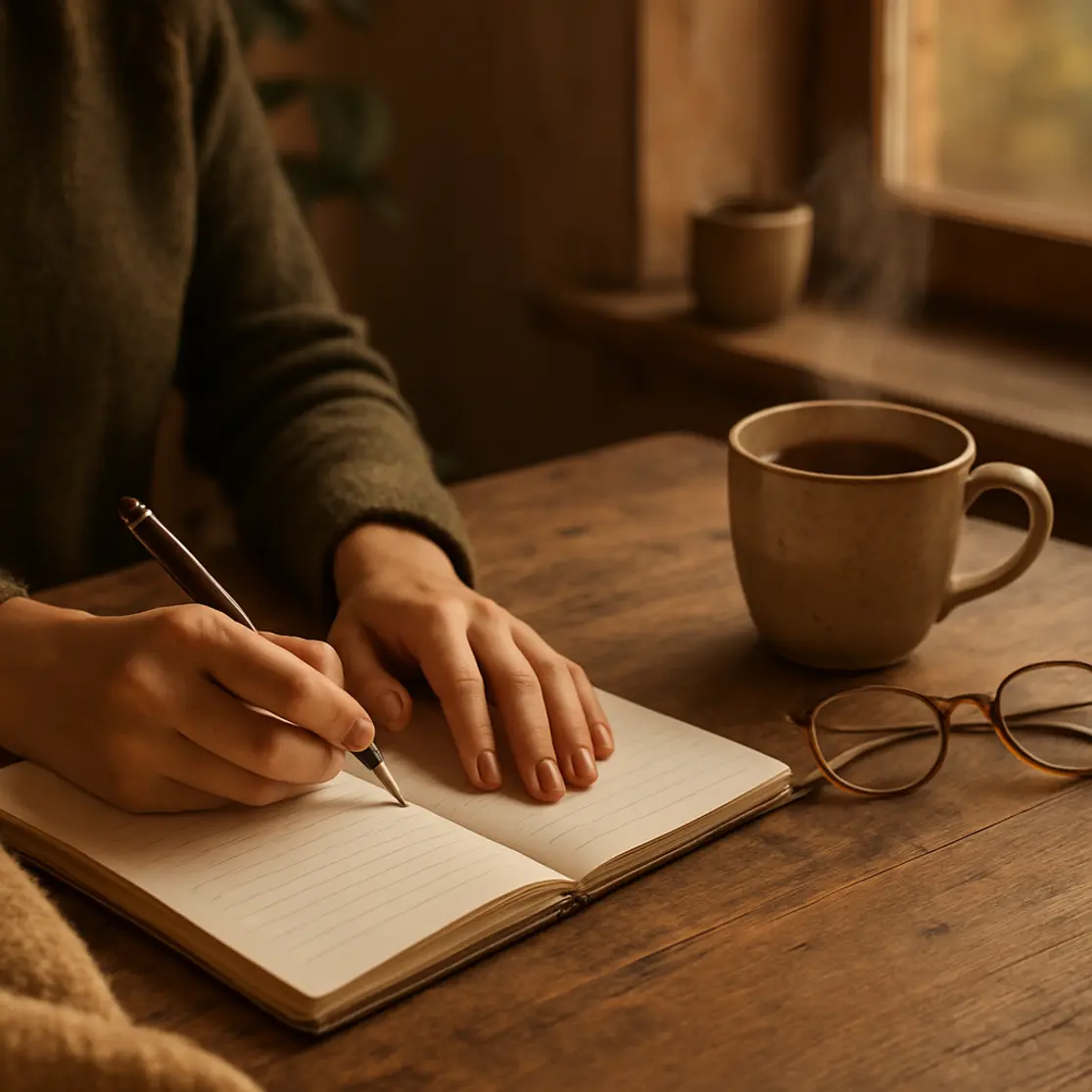 Mãos escrevendo em caderno sobre mesa com xícara de chá