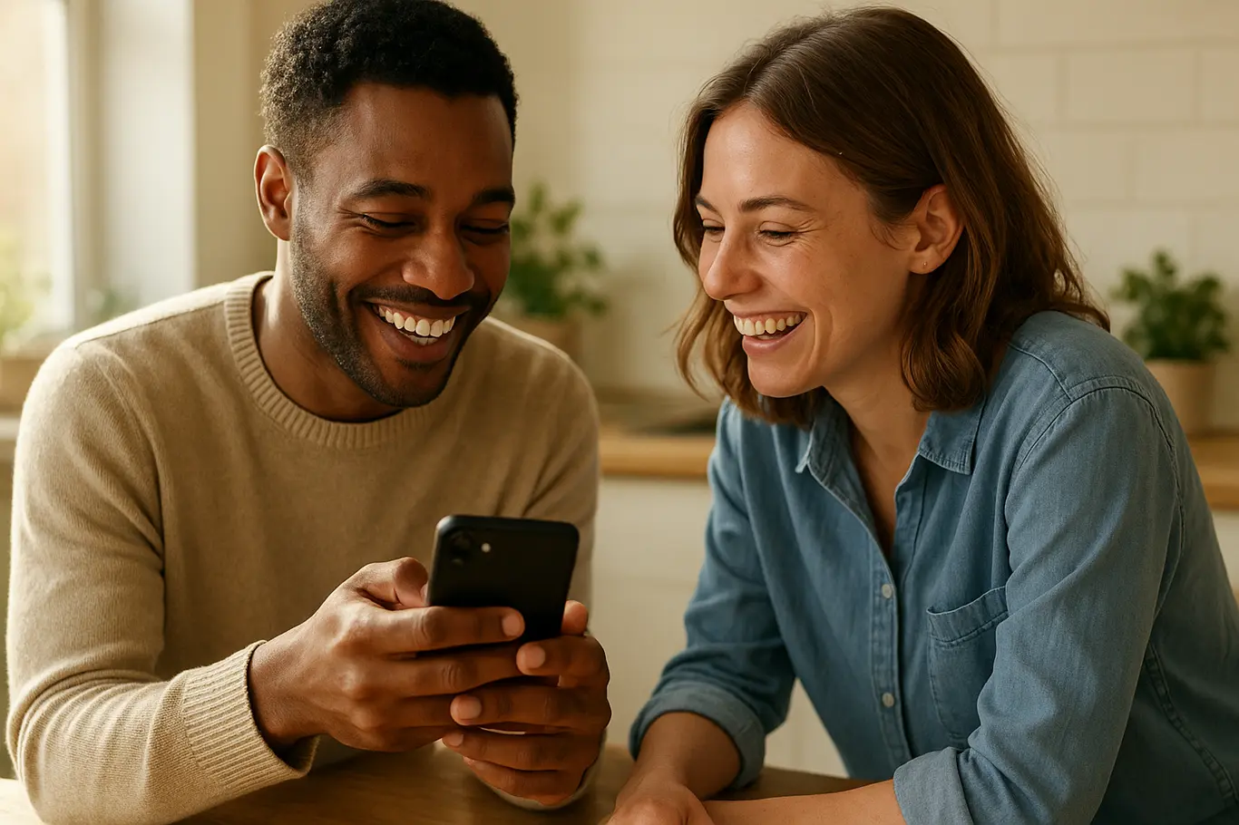 Duas pessoas na cozinha olhando e rindo de algo mostrado no celular.