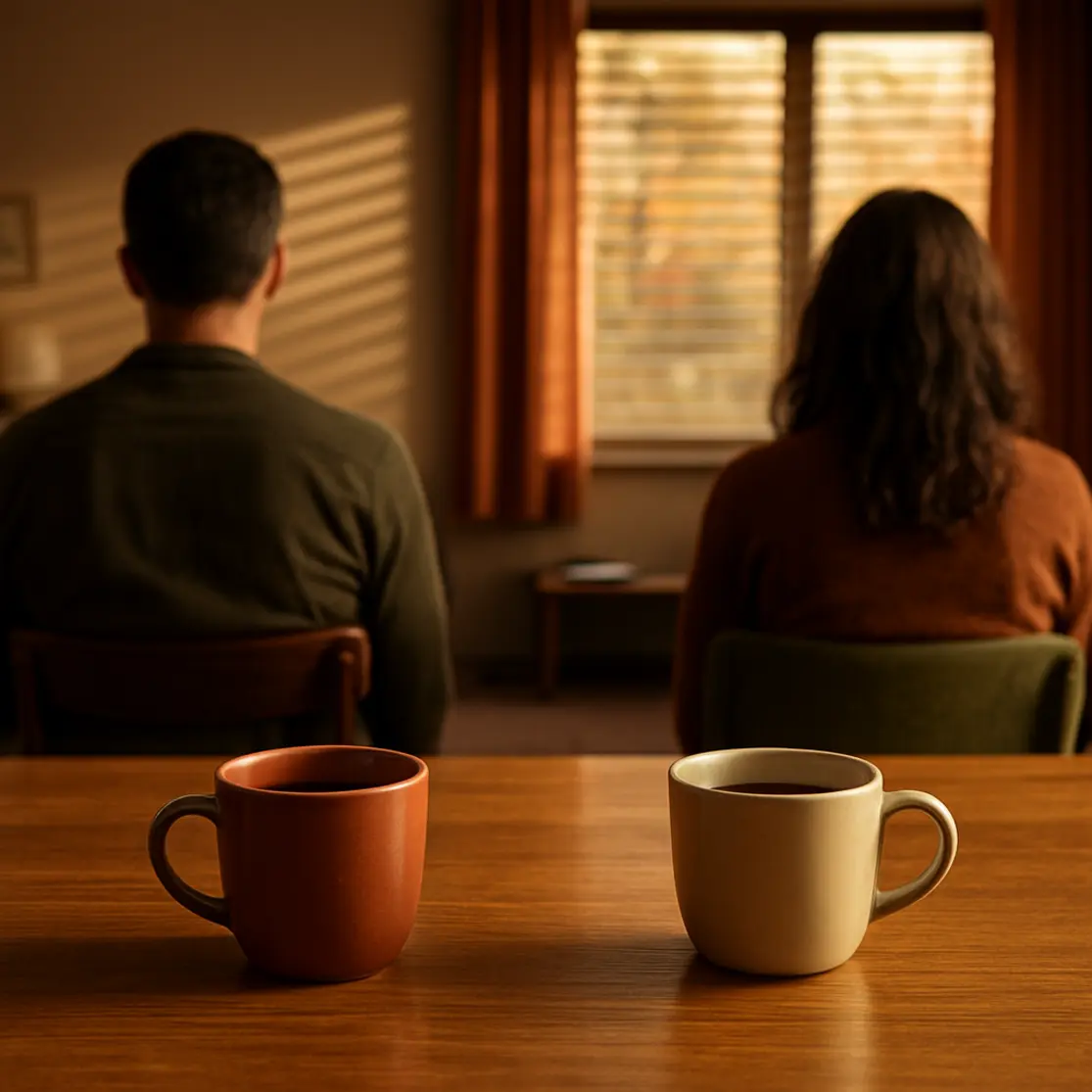 Duas xícaras separadas sobre a mesa indicando distância entre o casal.