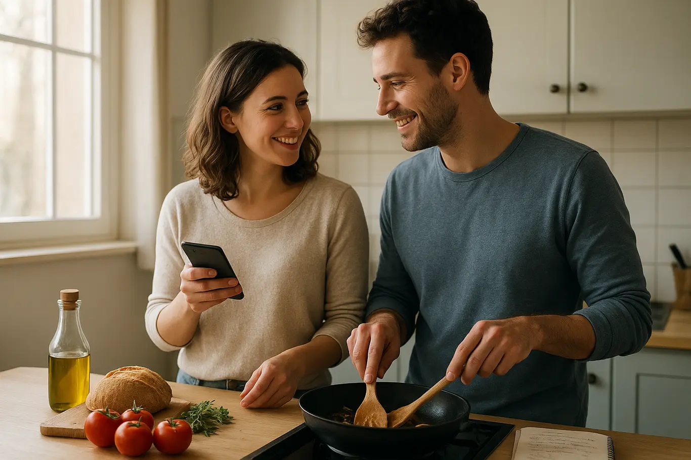 Casal cozinhando junto, ela mostra receita no celular enquanto ele mexe a frigideira
