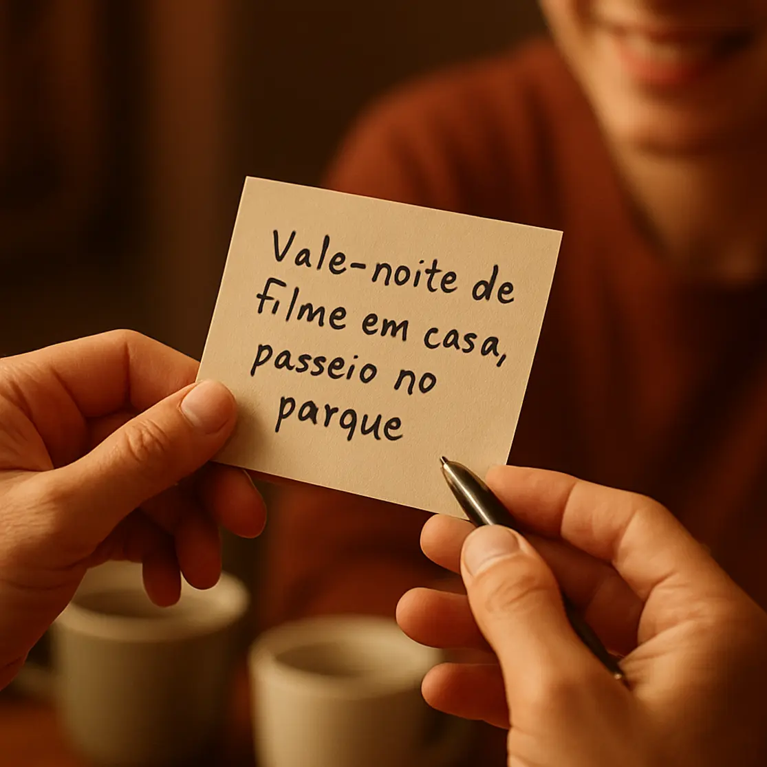 Close-up de mãos trocando bilhete com ideias de encontro, fundo desfocado com sorriso