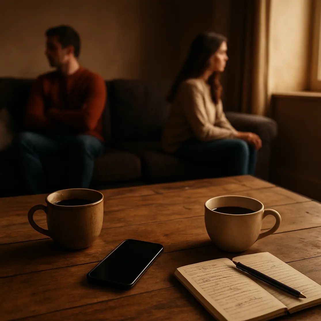 Mesa com duas xícaras separadas, telefone virado para baixo e caderno com anotações; casal desfocado ao fundo sentado em lados opostos do sofá.
