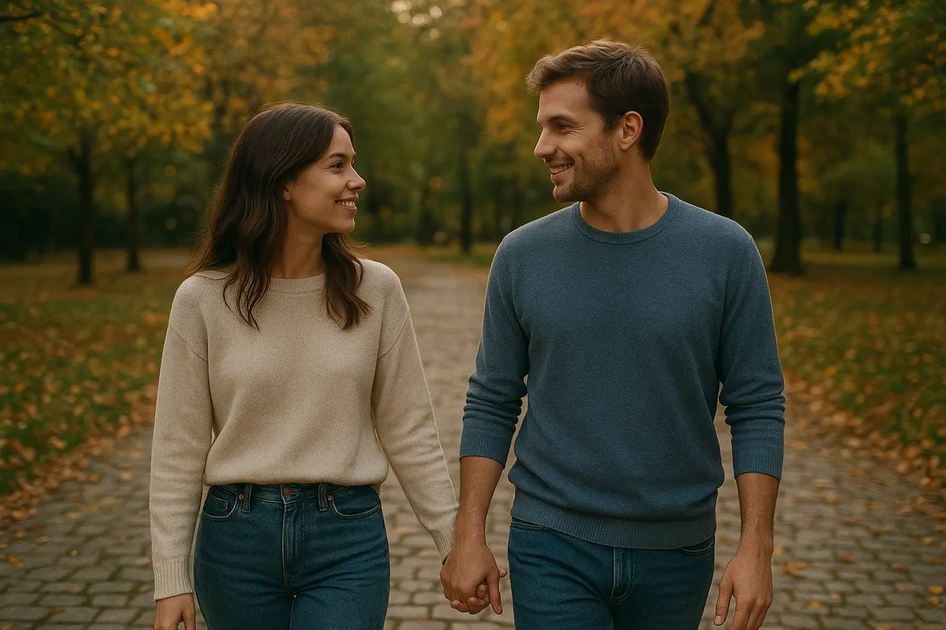 Casal de mãos dadas caminhando em parque outonal, olhando um para o outro com sorrisos suaves.