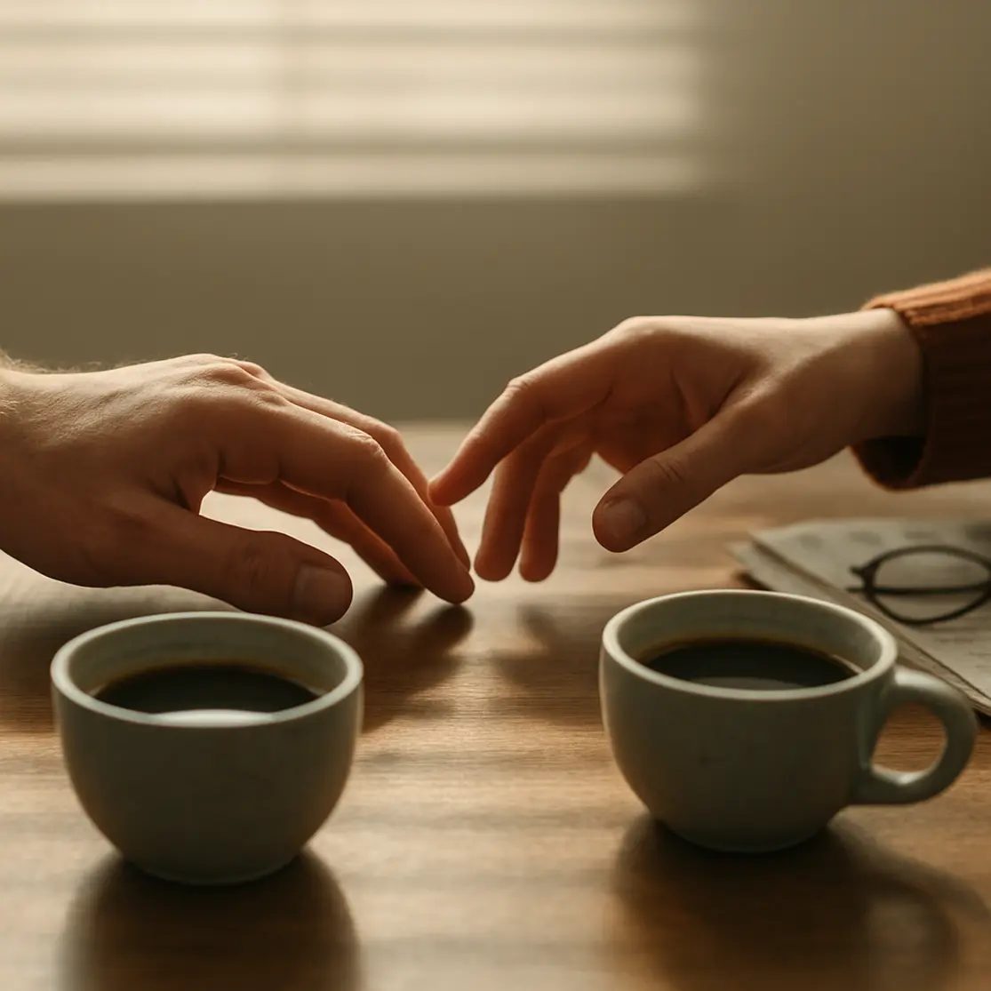 Close-up de duas xícaras de café e mãos quase se tocando sobre aparador de madeira com luz da manhã filtrada.