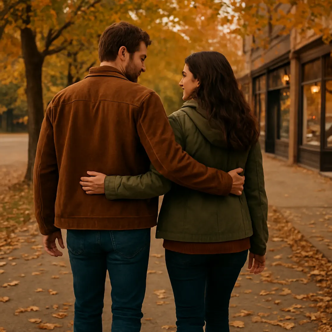 Casal caminhando ao entardecer por rua arborizada, vista em 3/4 traseira com tons de outono