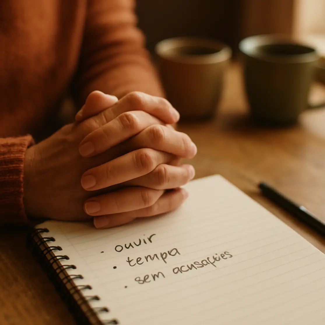 Close-up de mãos entrelaçadas sobre caderno com anotações para conversa, xícaras ao fundo