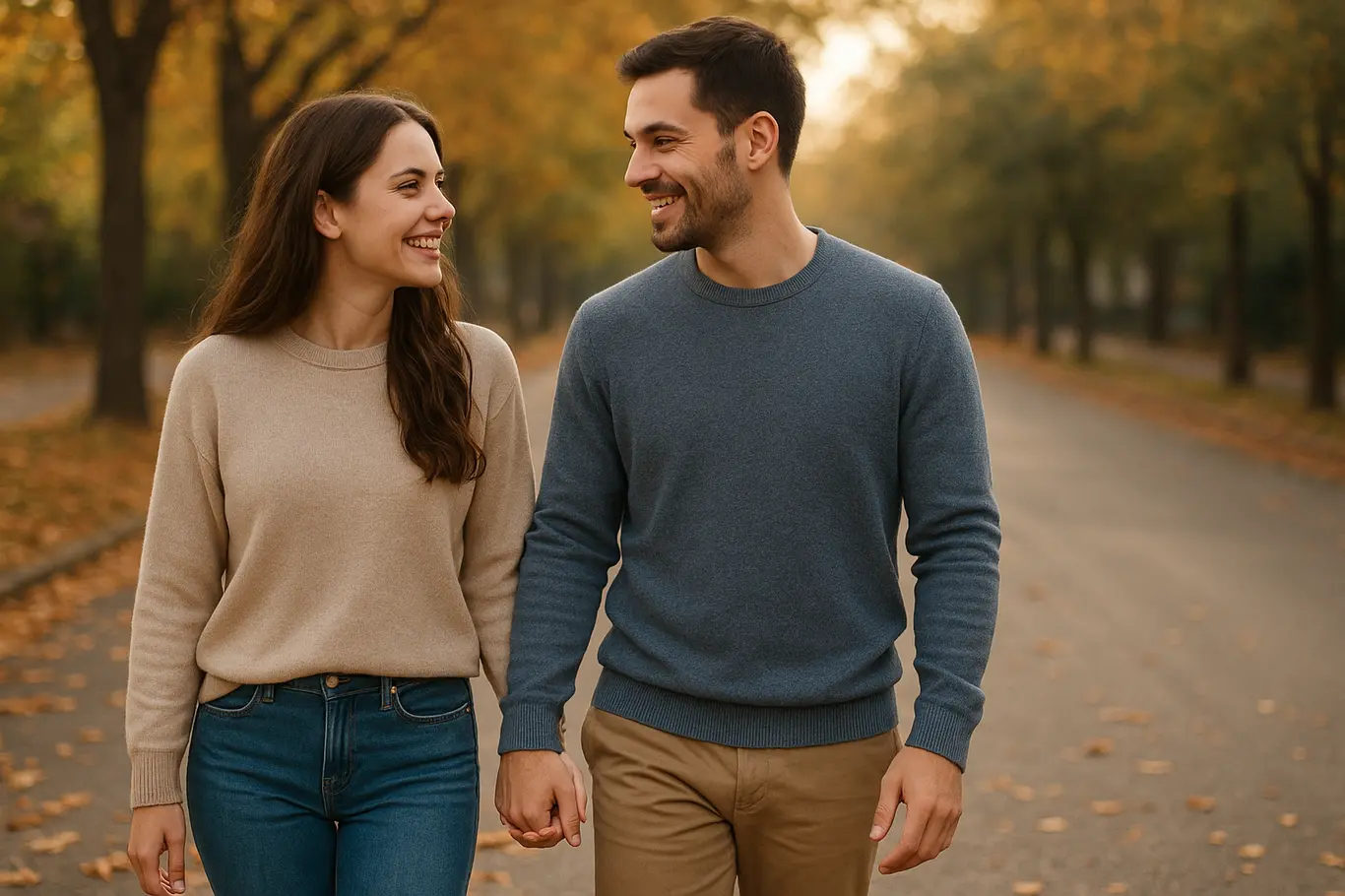 Casal de perfil caminhando de mãos dadas por rua arborizada ao entardecer, sorrisos e folhas no chão.