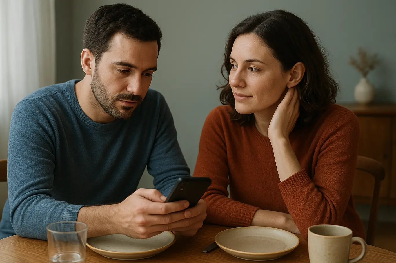 Casal na mesa, um mostra o celular enquanto o outro sorri de lado, expressão reflexiva