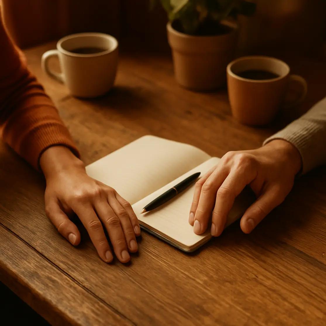 Close-up de mãos separadas sobre mesa com caderno aberto e xícaras desfocadas