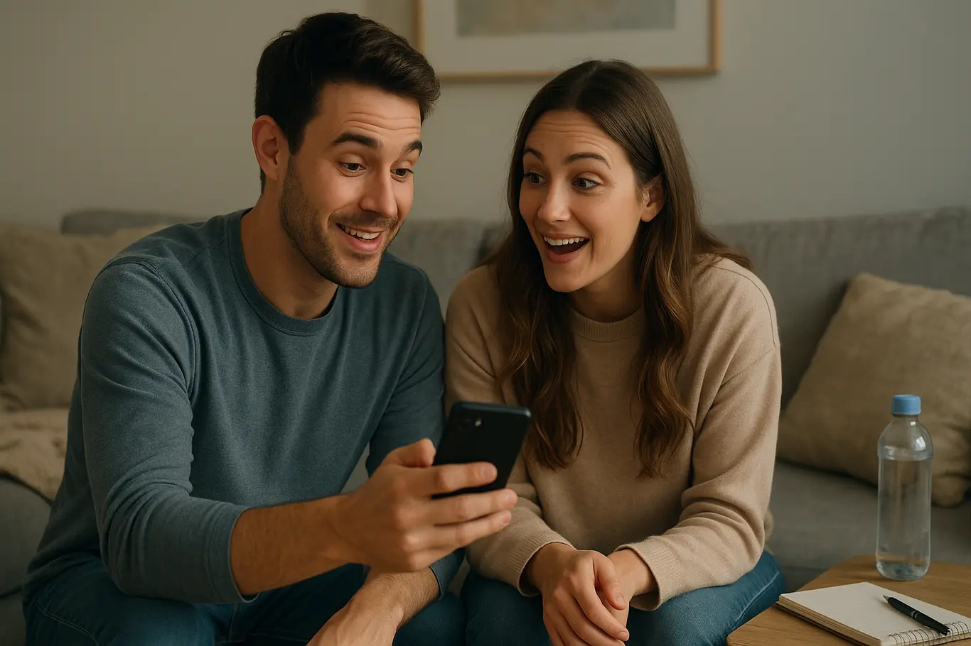 Casal no sofá mostrando algo no celular e sorrindo, em ângulo lateral