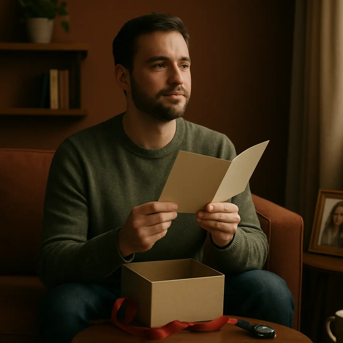 Homem sentado no sofá lendo um cartão de aniversário com a caixa de presente aberta ao lado.