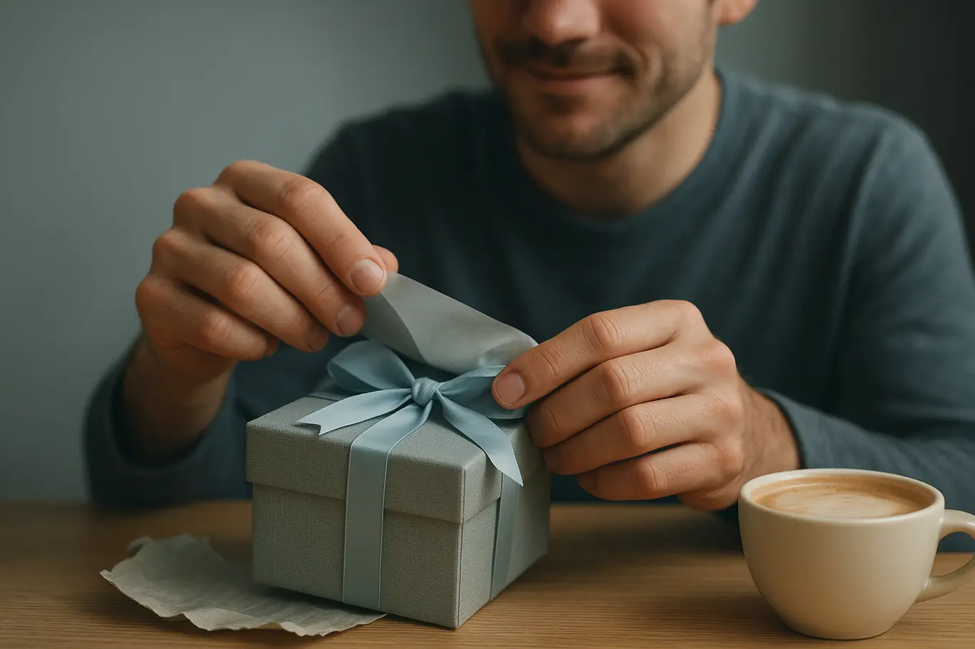 Mãos abrindo uma caixa de presente com homem ao fundo sorrindo em 3/4