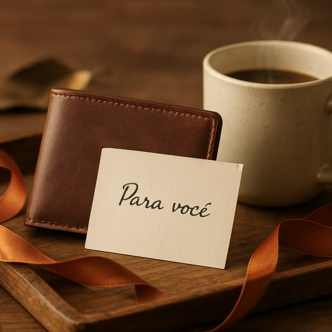 Kit de presente com carteira de couro e cartão sobre bandeja rústica