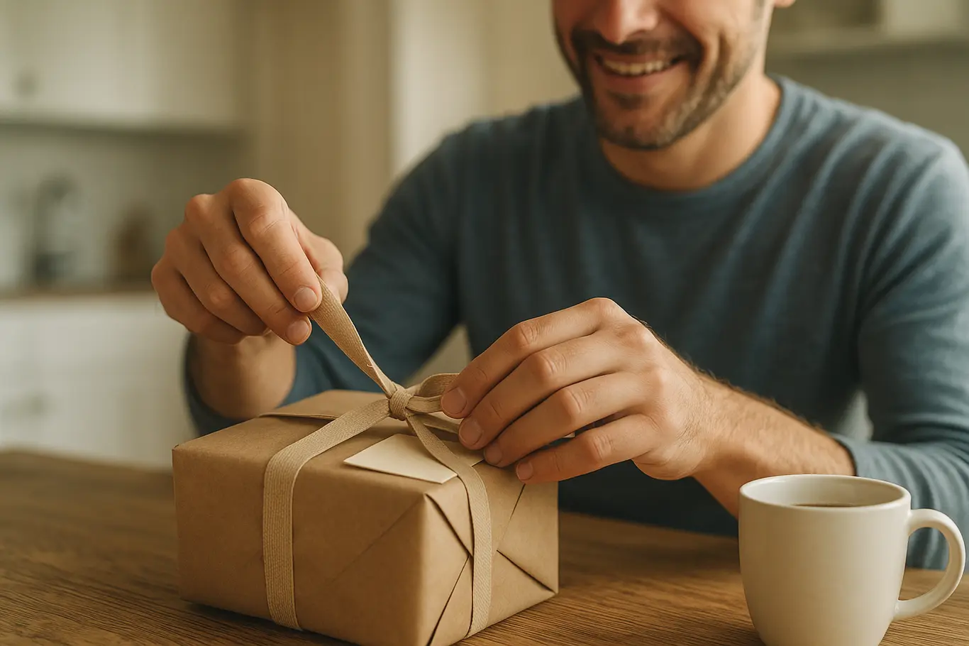 Close-up das mãos desembrulhando presente com papel kraft e cartão, perfil 3/4 do marido sorrindo ao fundo na cozinha.