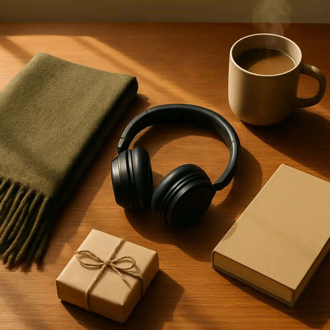 Mesa de madeira com seleção de presentes para marido: cachecol, fone, caneca, livro e pequena caixa, em luz natural suave.