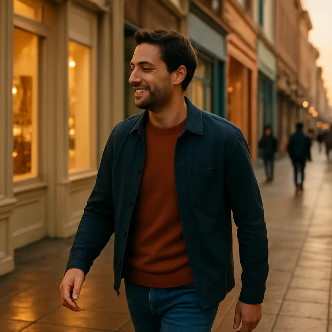 Homem caminhando na rua ao entardecer, virando a cabeça com meio-sorriso em direção a outra pessoa