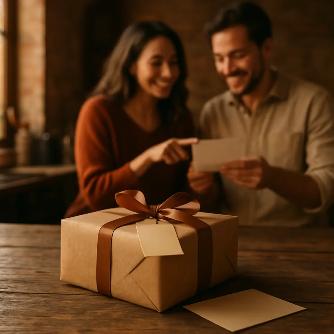 Presente embalado em papel kraft com bilhete sobre mesa rústica, casal desfocado ao fundo.
