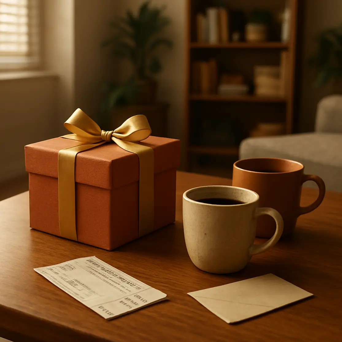 Mesa de café com caixa decorada, duas xícaras e ingresso, luz natural suave em ambiente acolhedor.