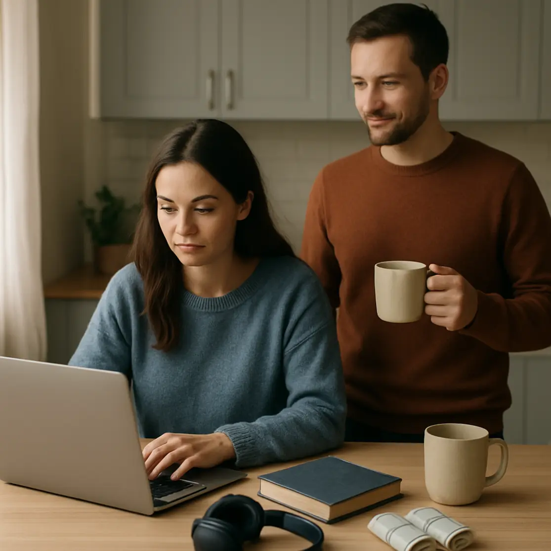 Mulher pesquisando presentes no laptop na cozinha com itens de presente sobre a mesa e marido ao fundo