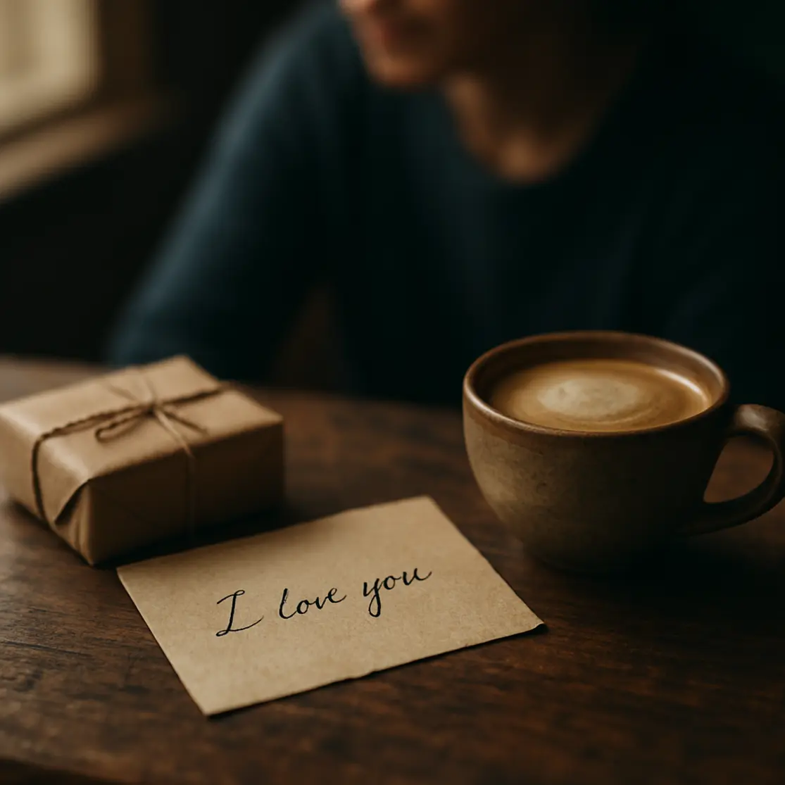 Bilhete manuscrito ao lado de xícara de café sobre mesa de madeira, pessoa desfocada ao fundo