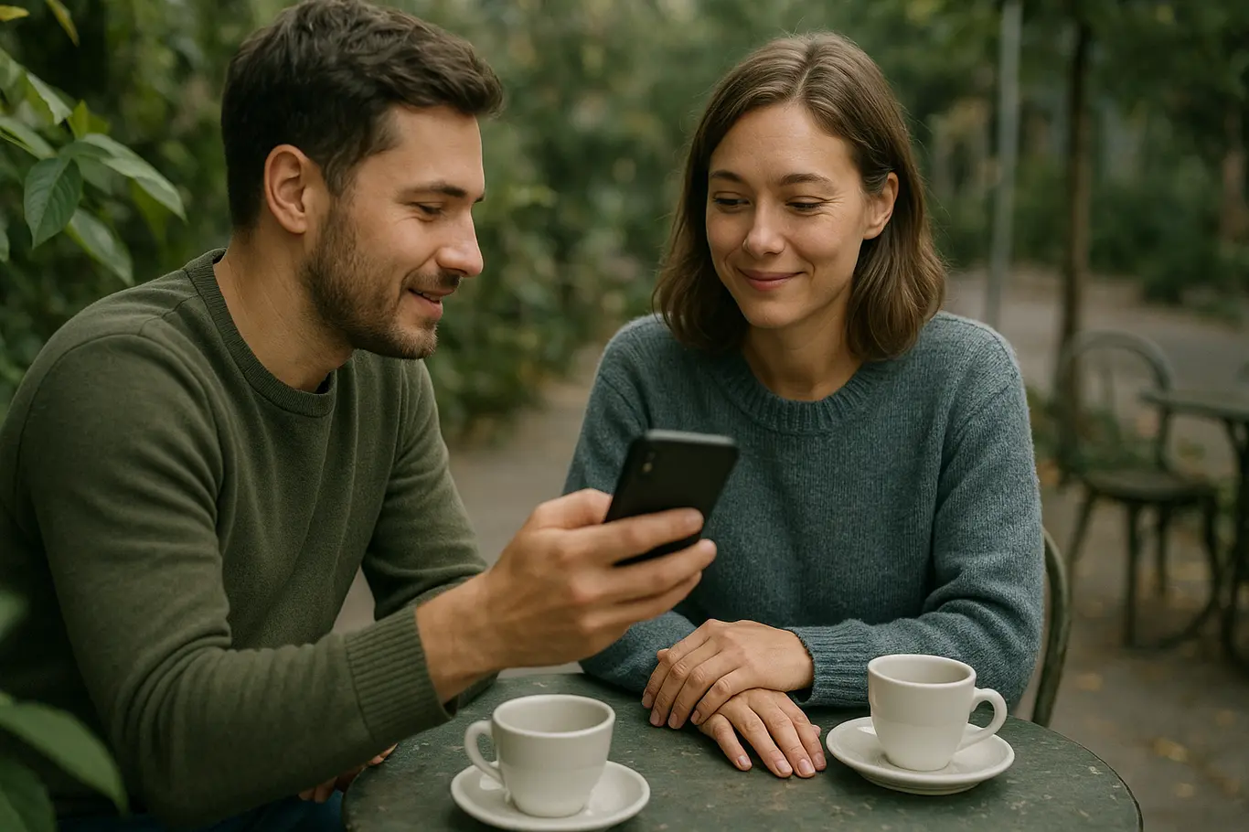 Pessoa mostrando uma mensagem no celular enquanto a outra sorri levemente, cena de café ao ar livre