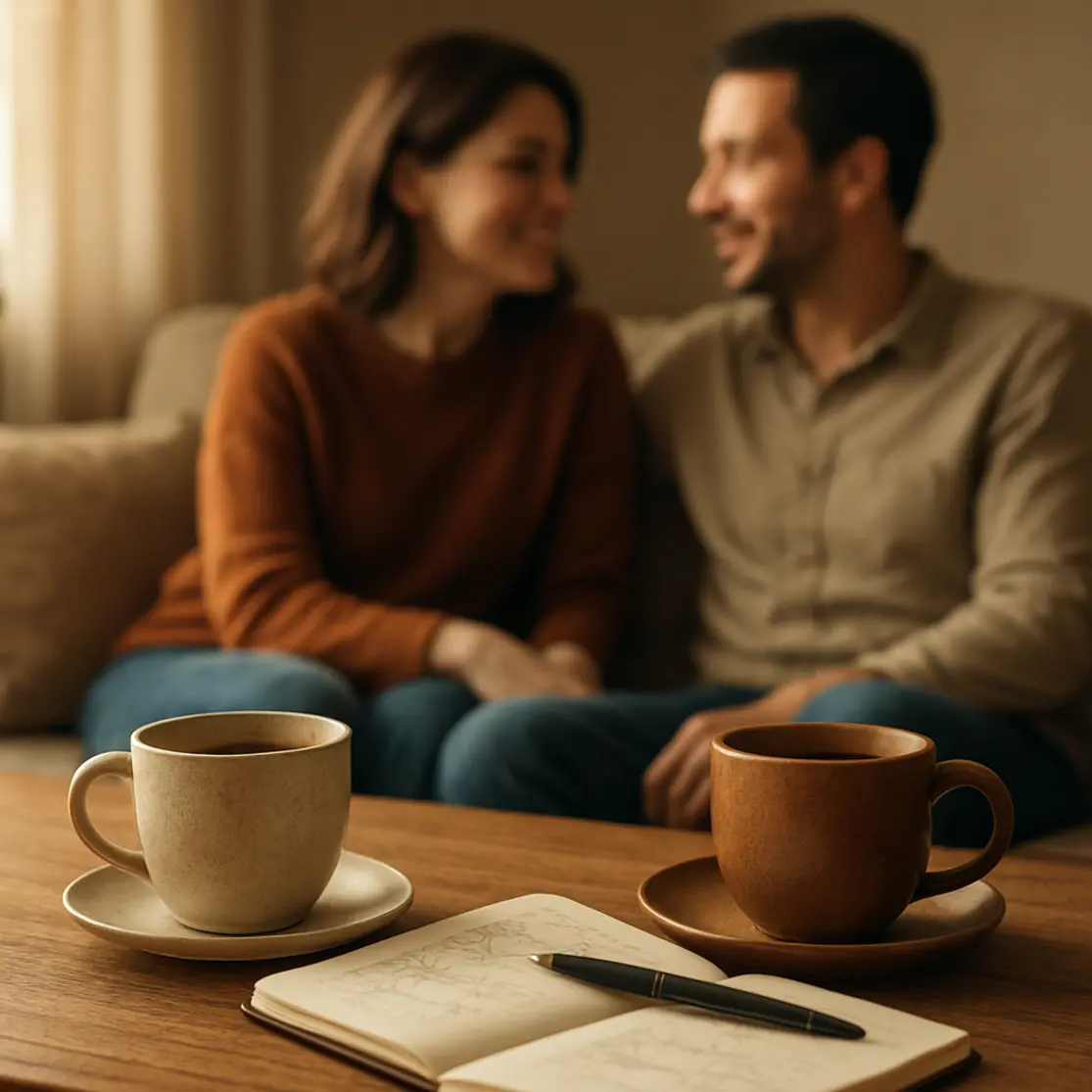 Duas xícaras de café na mesa com casal desfocado sorrindo ao fundo