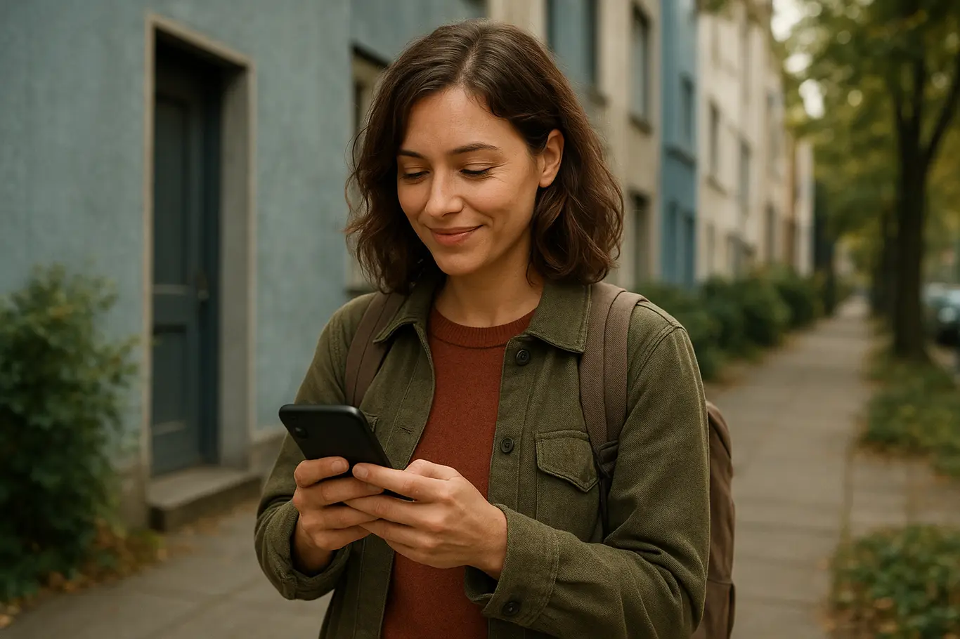 Mulher em 3/4 caminhando na rua, sorrindo ao olhar o celular