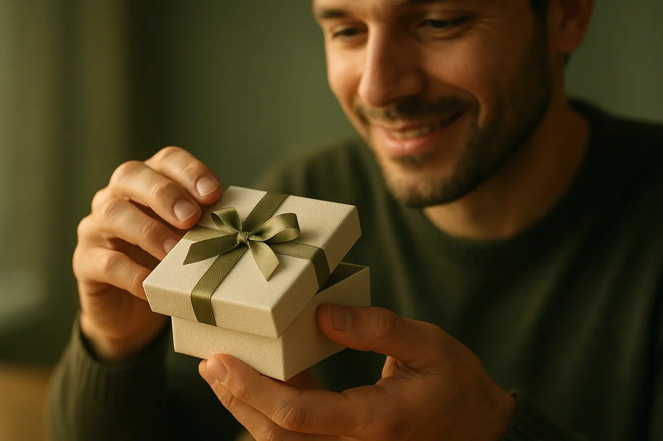 Close-up das mãos abrindo caixa de presente com homem sorrindo em 3/4 ao fundo