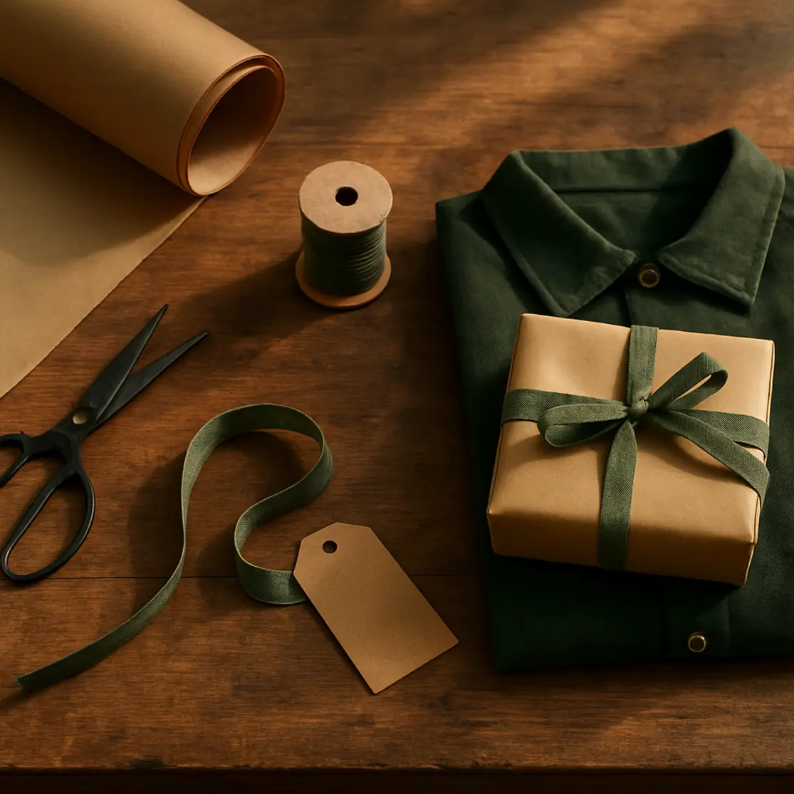 Mesa com materiais de embrulho: papel pardo, fita, tag lisa e caixa sobre camisa dobrada