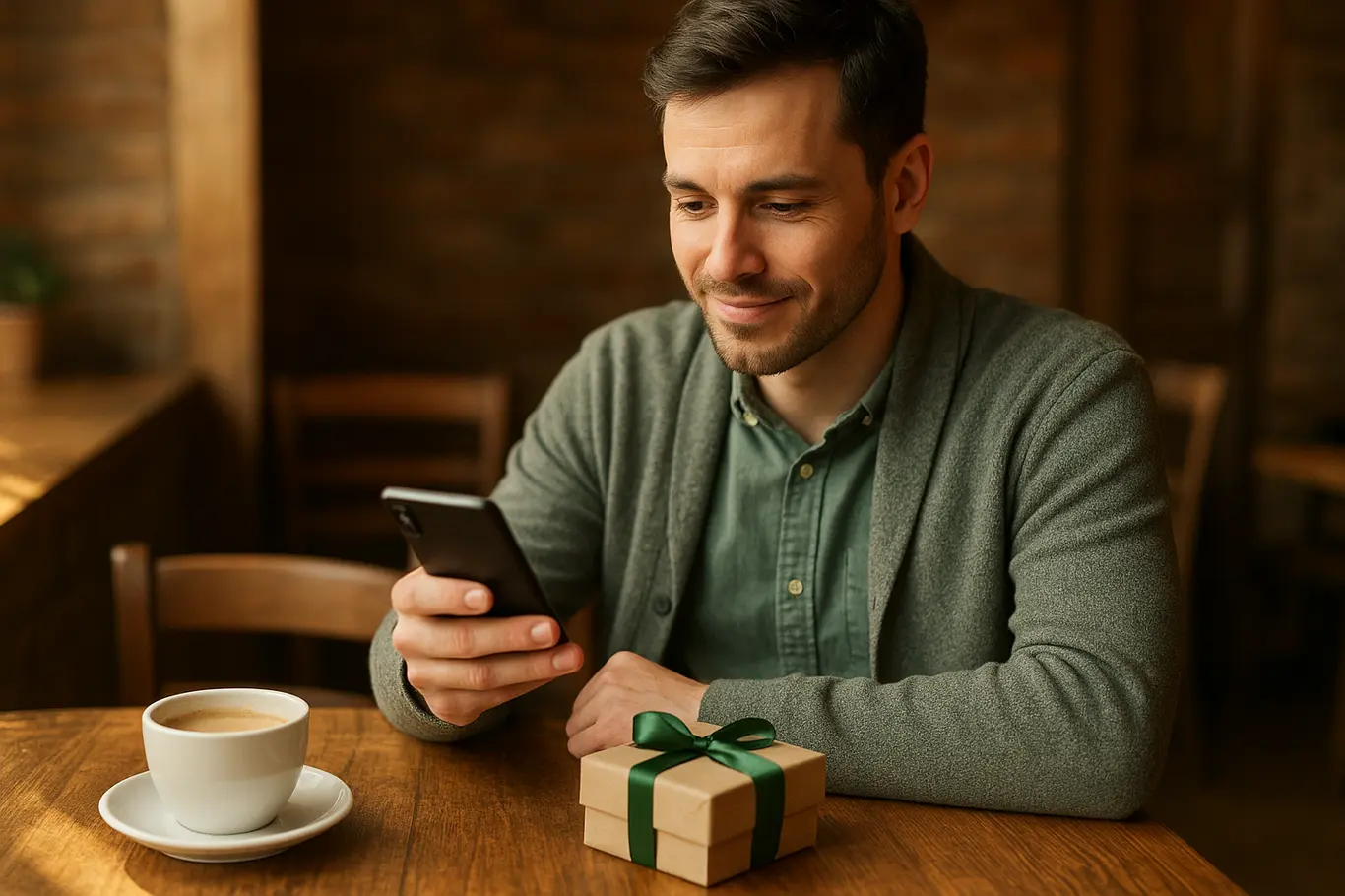 Homem em 3/4 na cafeteria olhando o celular com caixa de presente na mesa