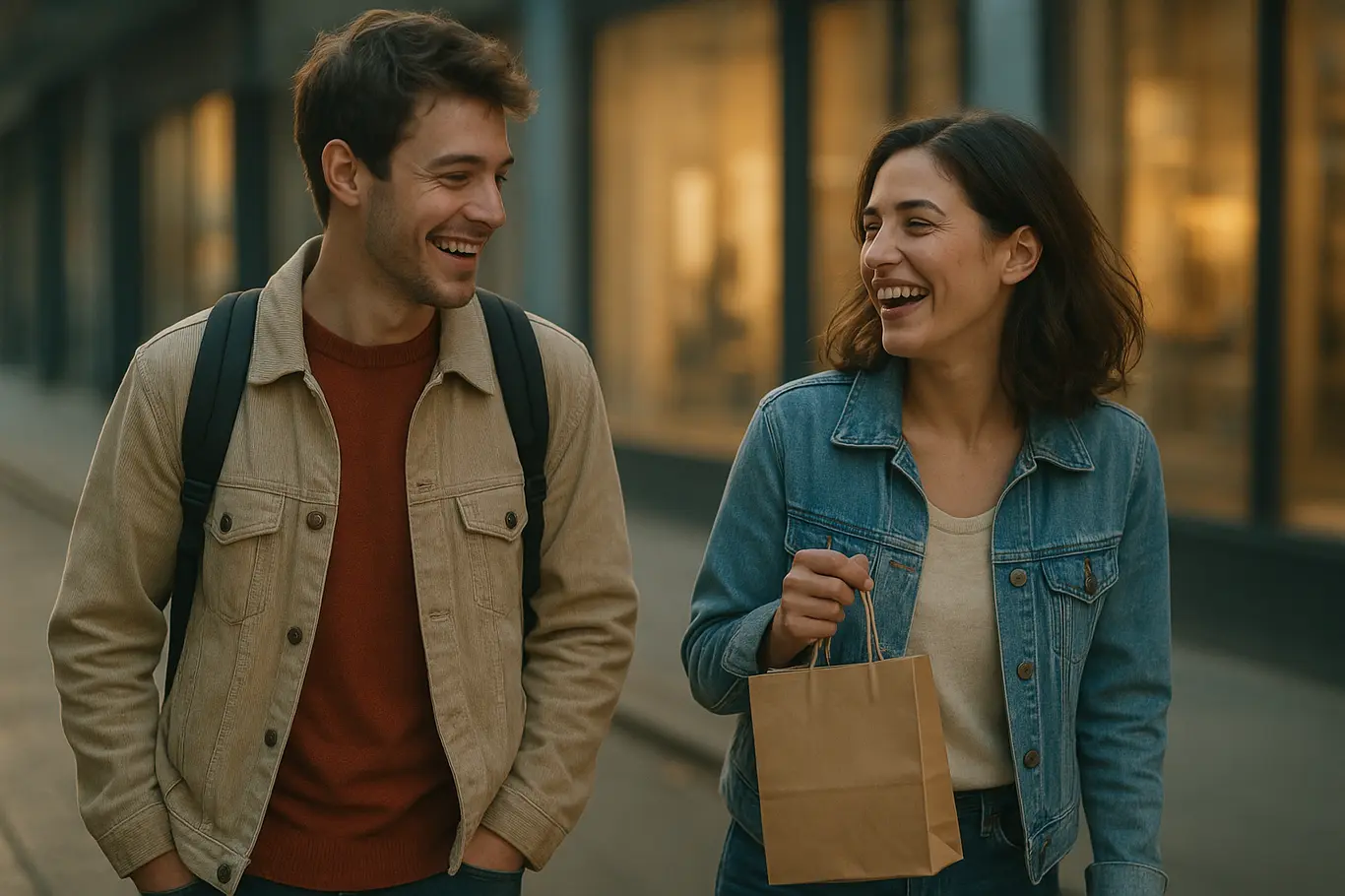 Casal caminhando ao entardecer, pequena sacola de presente na mão, riso cúmplice