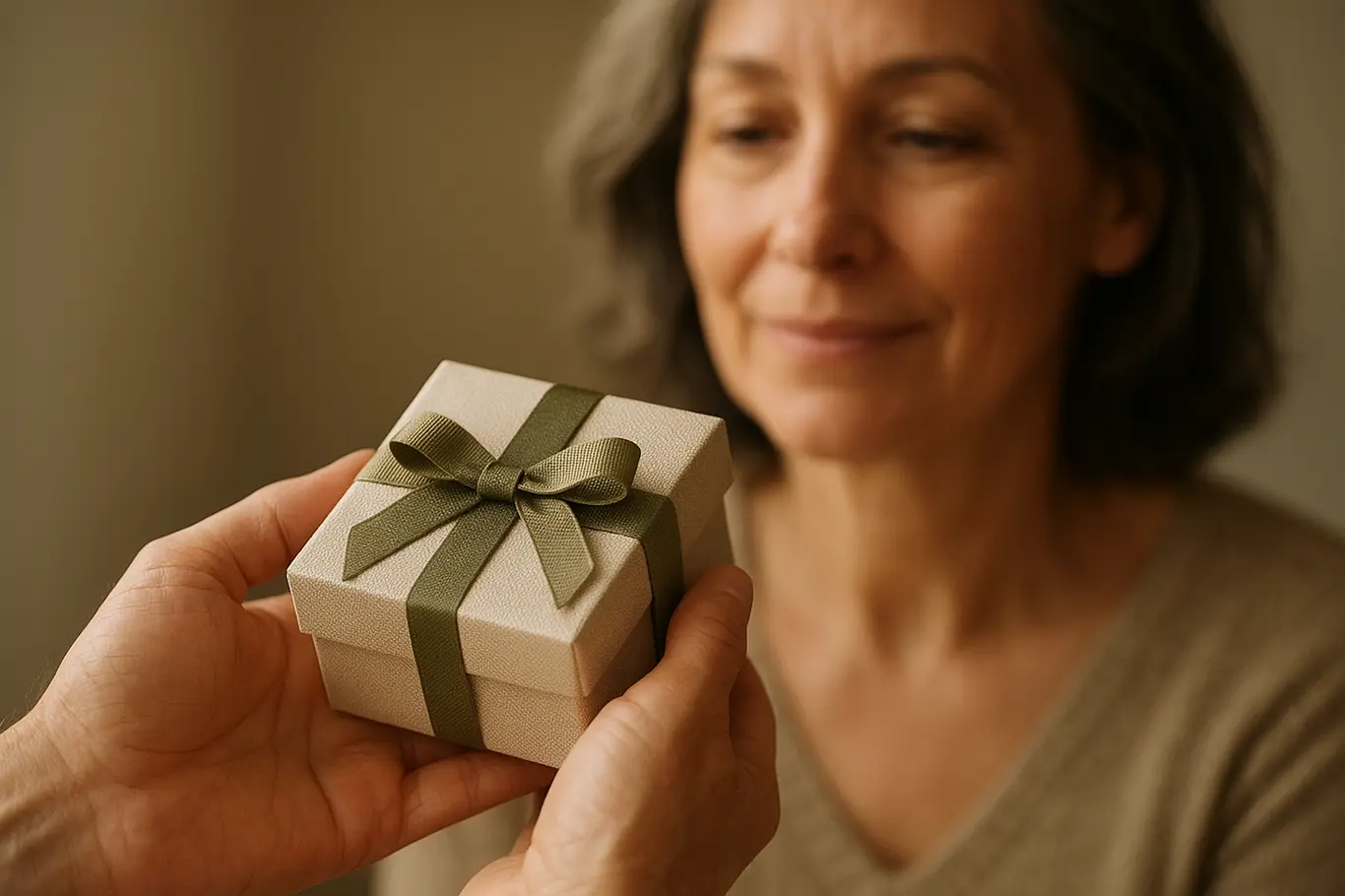 Close-up de mãos oferecendo um presente com mulher de 50 anos em 3/4 ao fundo
