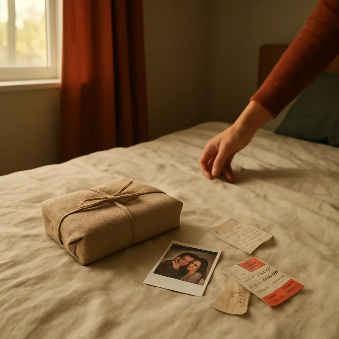 Cama com lençóis creme e lembranças espalhadas: presente embrulhado, polaroid e ingressos