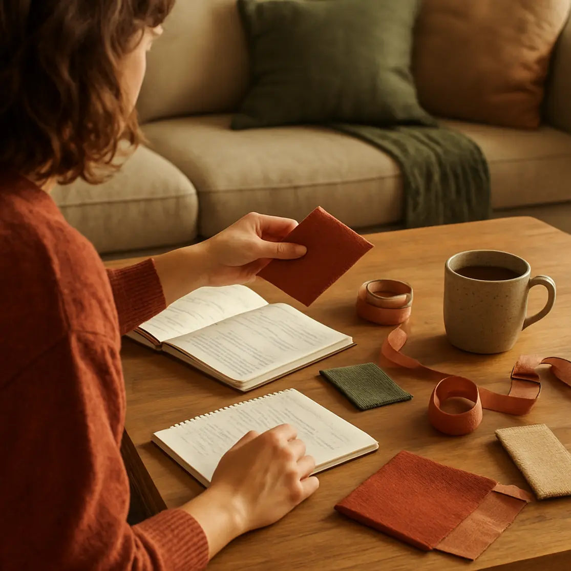 Mesa com cadernos, fitas e amostras enquanto mulher de costas organiza ideias de presente