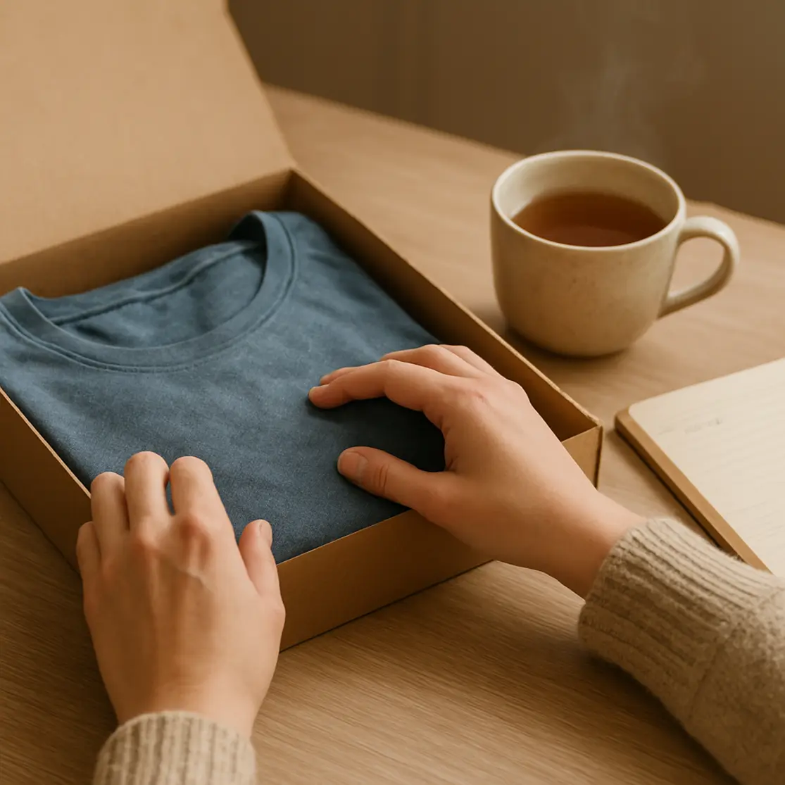 Mãos femininas dobrando uma camiseta dentro de caixa de papel, xícara de chá e caderno ao lado.