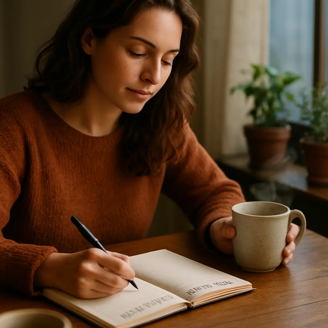 Mulher em 3/4 escrevendo em um caderno de hábitos, mão segurando caneca, ambiente acolhedor.
