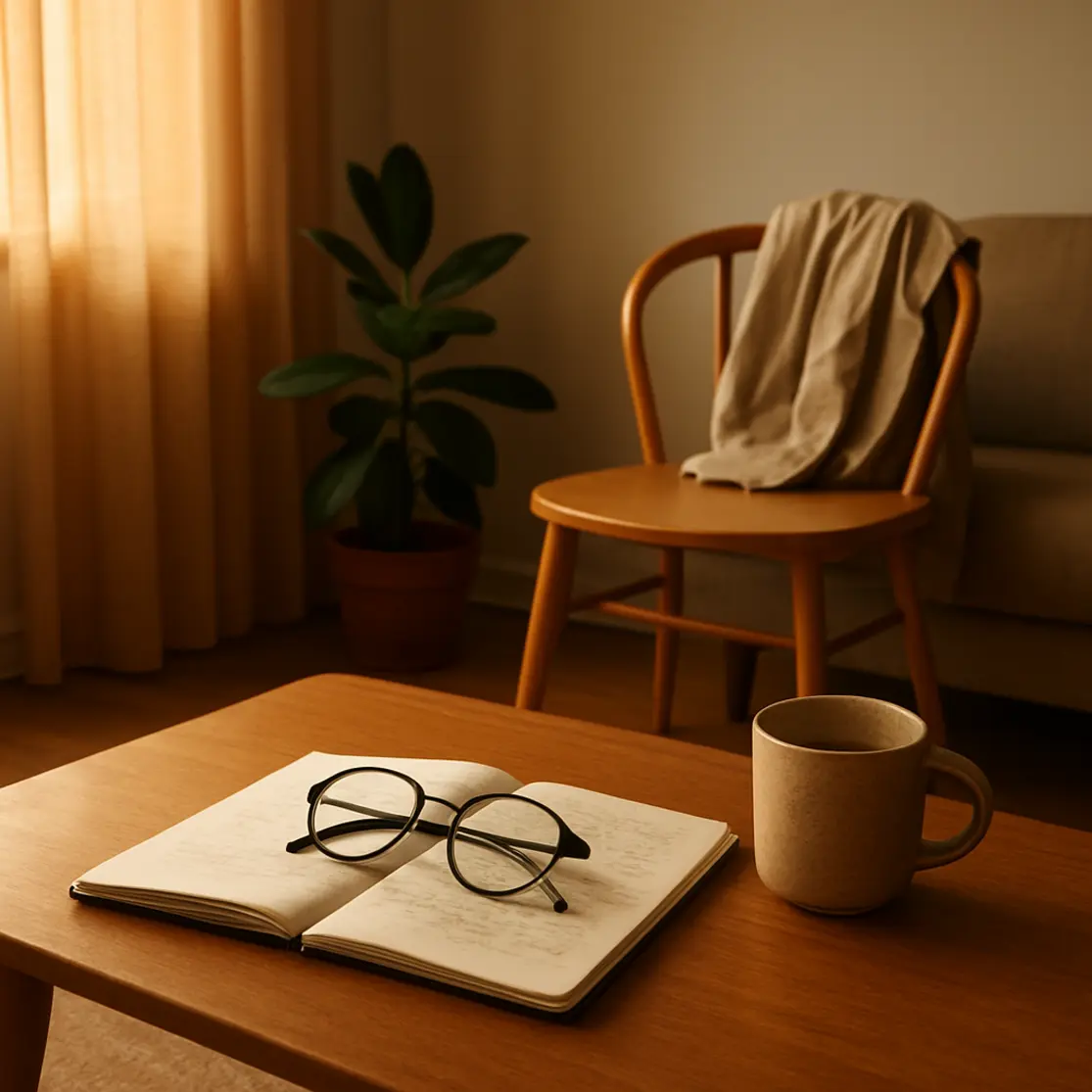 Ambiente de sala com mesa de centro contendo caderno aberto, óculos e xícara, luz dourada entrando pela janela