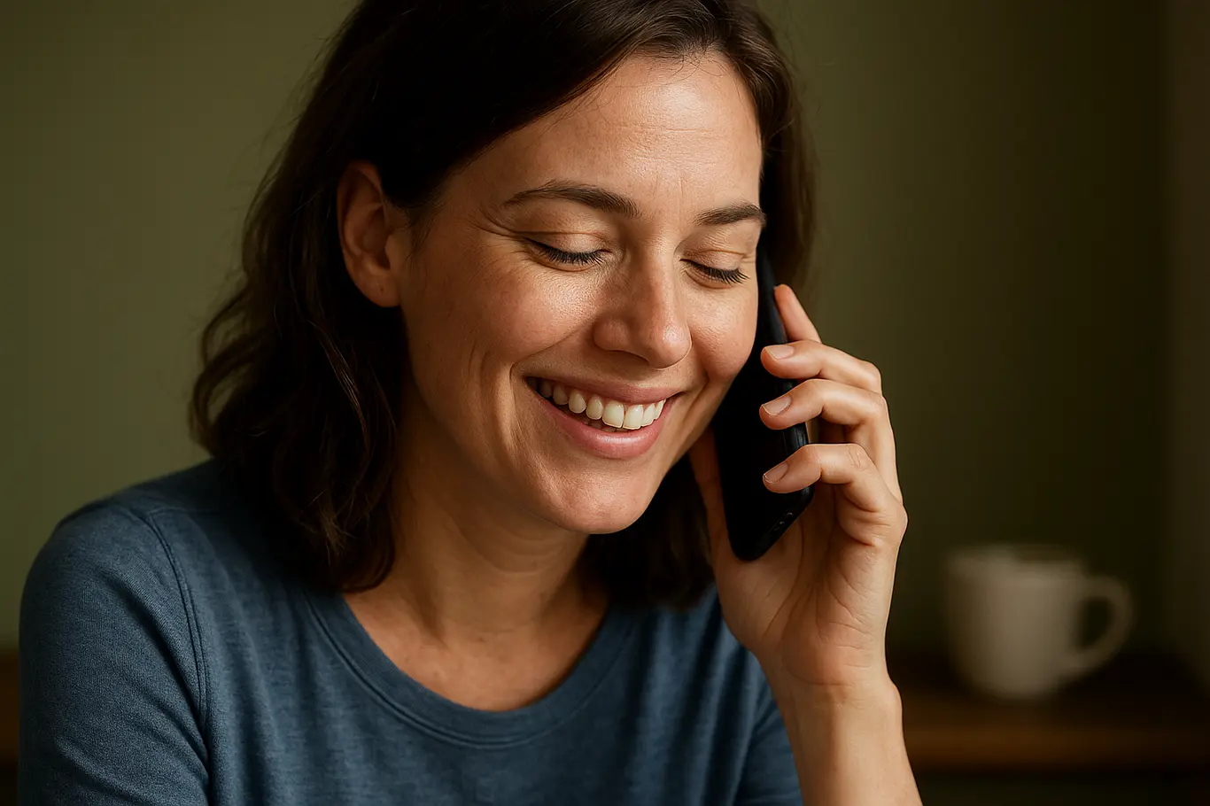 Mulher em 3/4 sorrindo ao telefone em ambiente de cozinha com parede verde-oliva, expressão genuína.