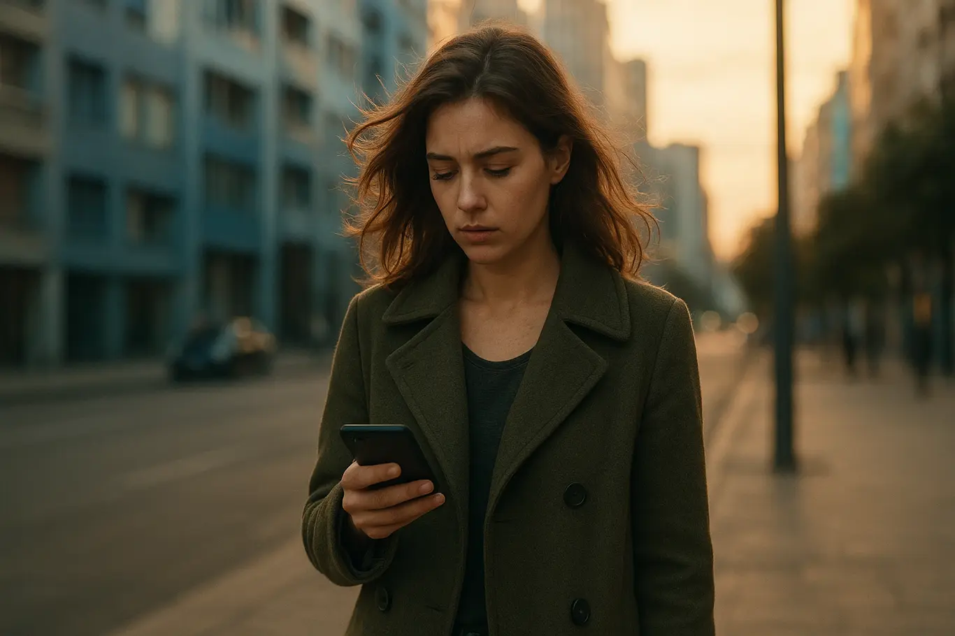 Mulher caminhando na rua olhando o celular com expressão pensativa