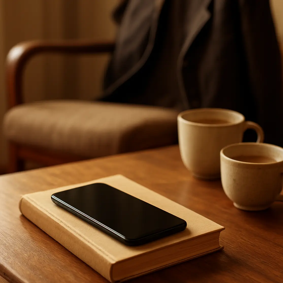 Celular virado para baixo sobre mesa com xícaras de café desfocadas