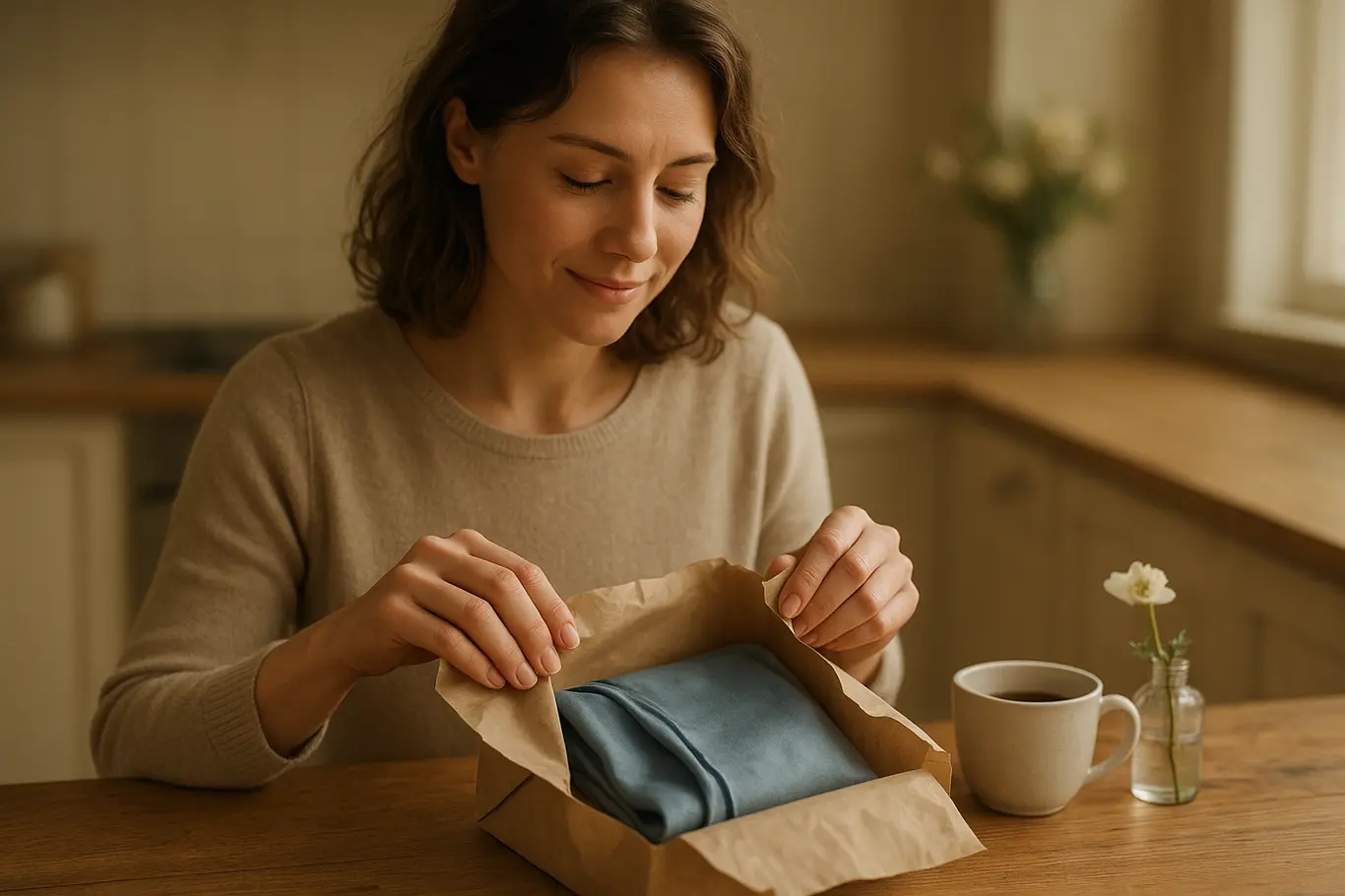 Mãos de mulher abrindo papel kraft e revelando um lenço de seda azul-acinzentado sobre mesa com xícara de café ao lado