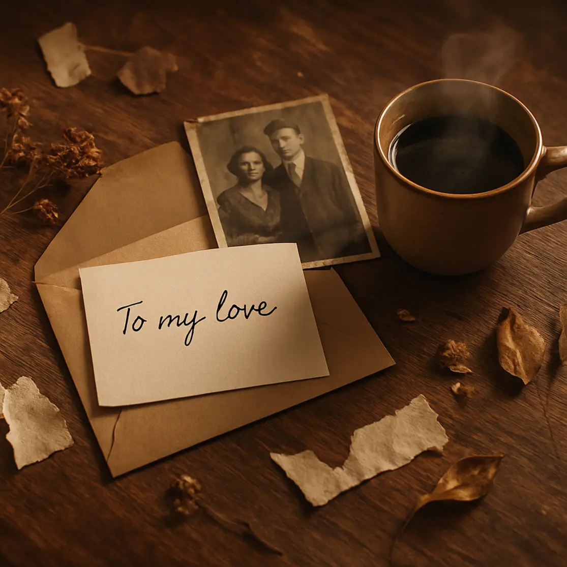 Cartão manuscrito sobre envelope ao lado de fotografia parcial do casal e uma xícara de café em mesa de madeira com fitas e flores secas