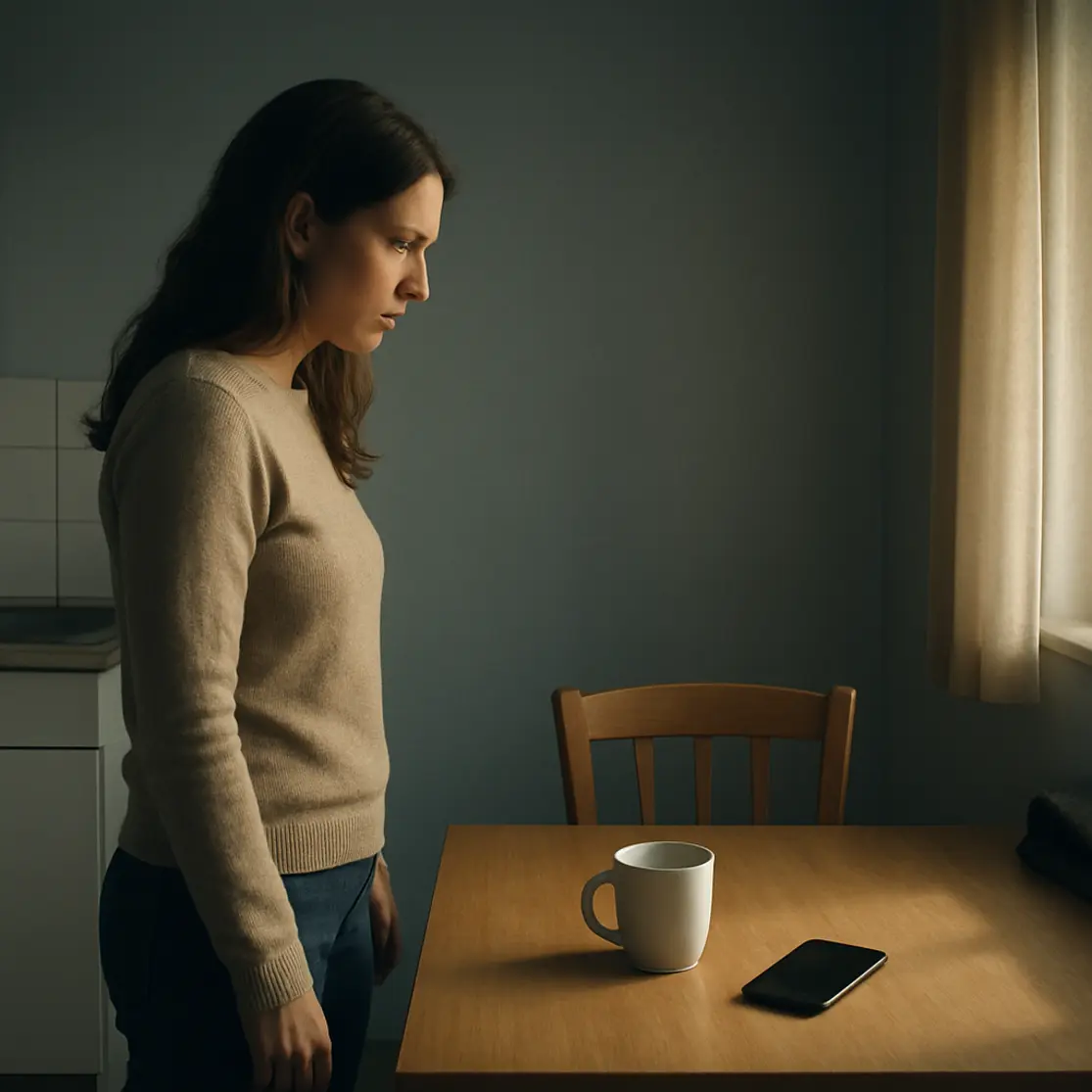 Mulher em perfil observando uma mesa com xícara pela metade e celular virado para baixo, cena de cozinha com luz suave.