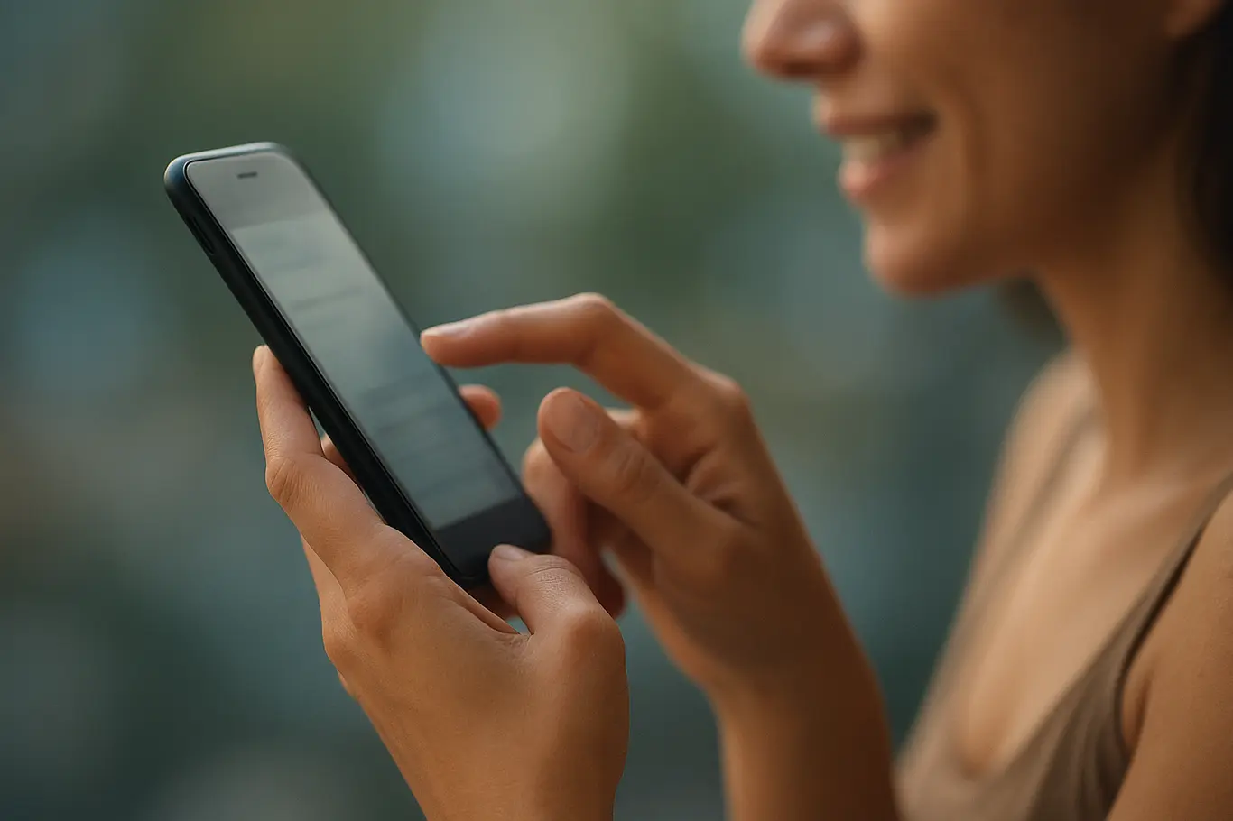 Close-up de mãos digitando mensagem romântica no celular com rosto sorrindo desfocado ao fundo