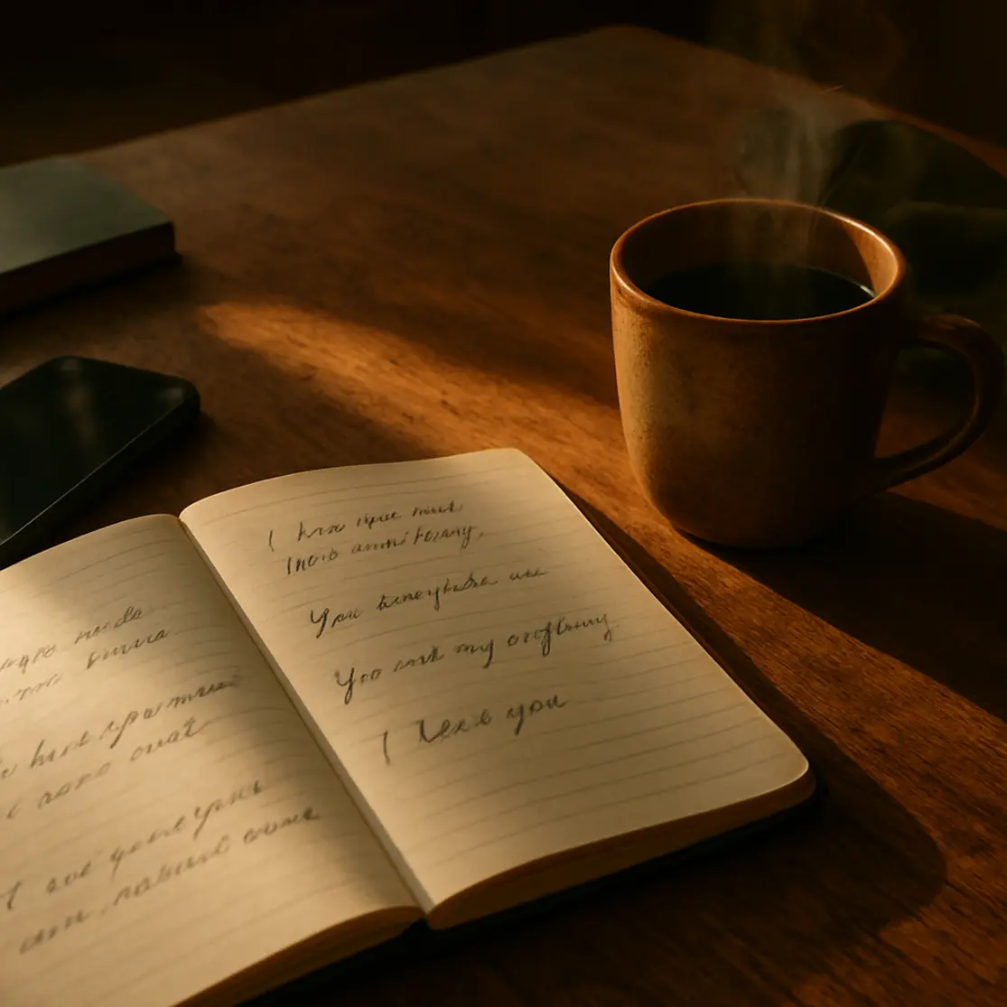 Mesa com caderno aberto de rascunhos, caneca fumegante e celular ao lado em luz de fim de tarde